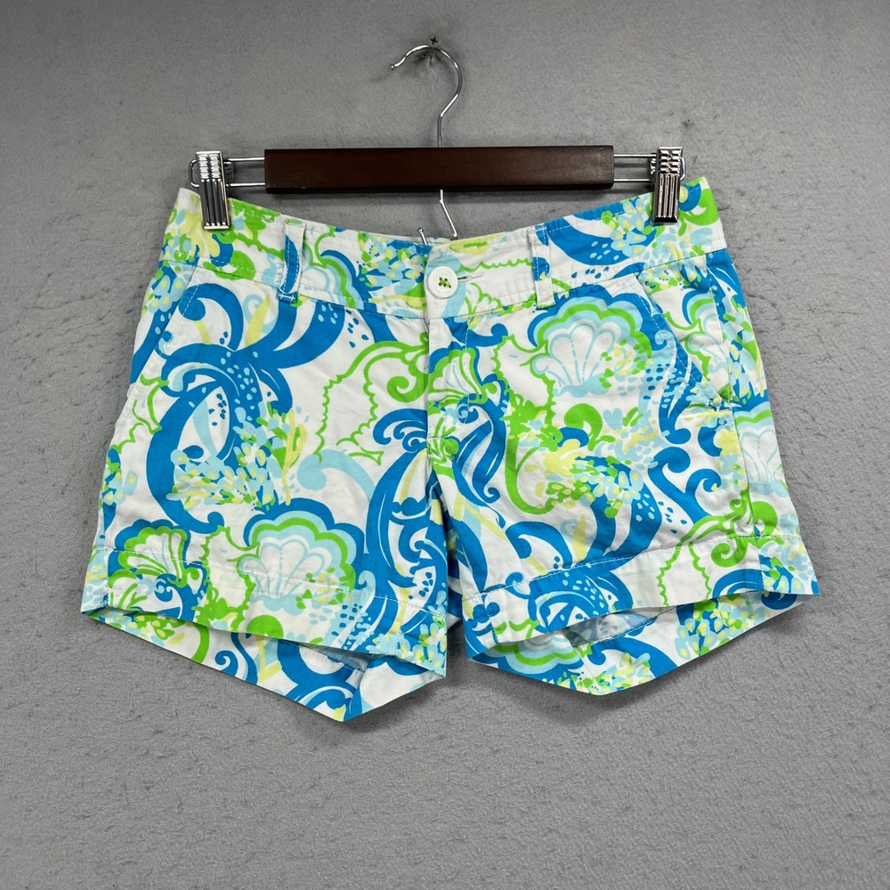 Lilly Pulitzer Shorts Womens 00 Blue Green Callahan Chino Floral Preppy Tropical